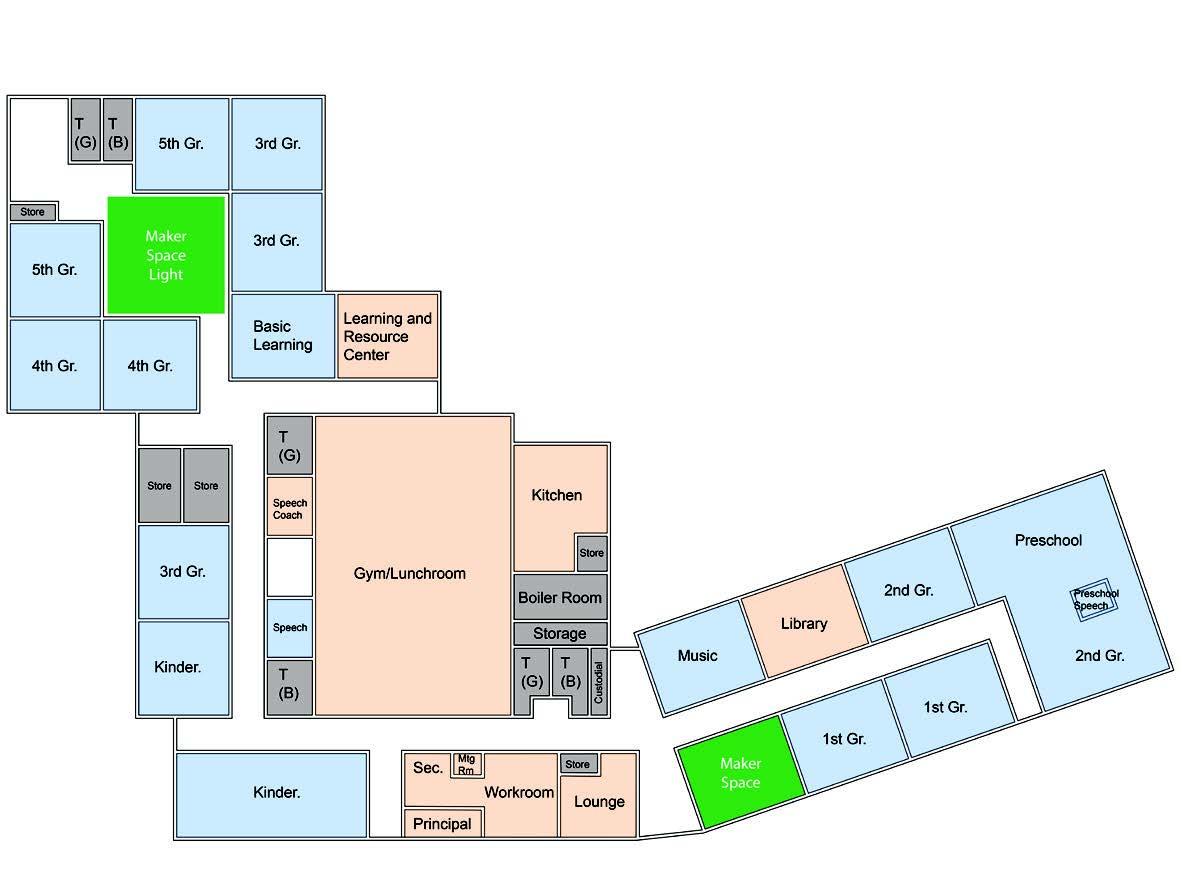 Gussner Elementary Floor Plan with New Maker Spaces indicated.
