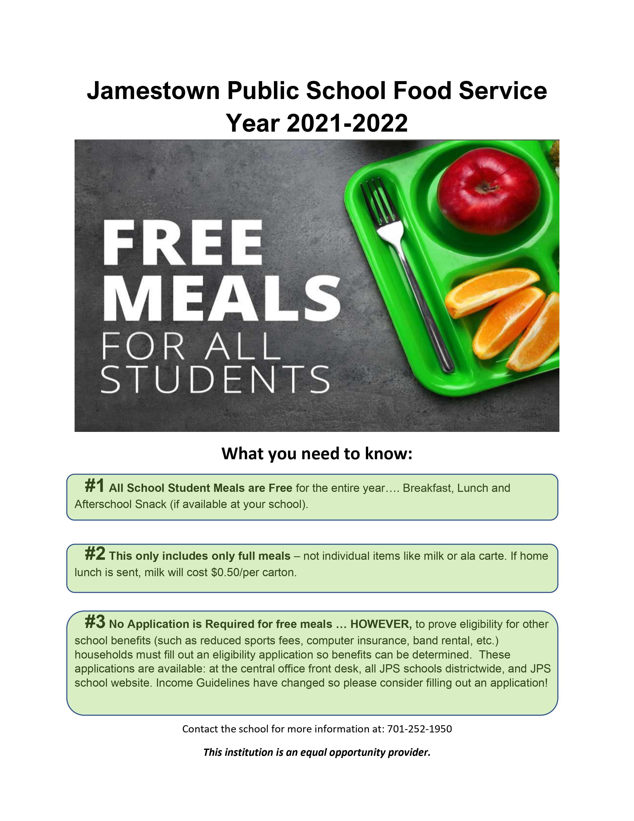 Says "Jamestown Public Schools supports ND agriculture by purchasing regionally produced foods and incorporating them into local school menus." Shows fork with potato, vegetables, milk, and apple.